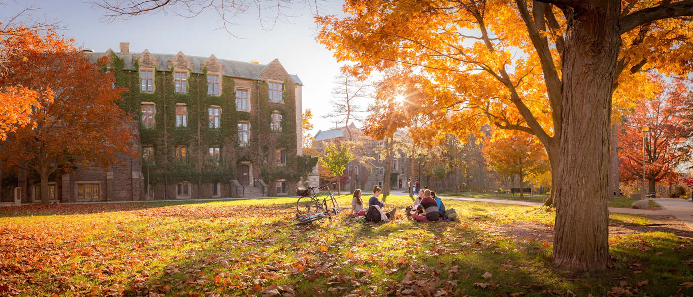 Group of students sitting in a field at McMaster.